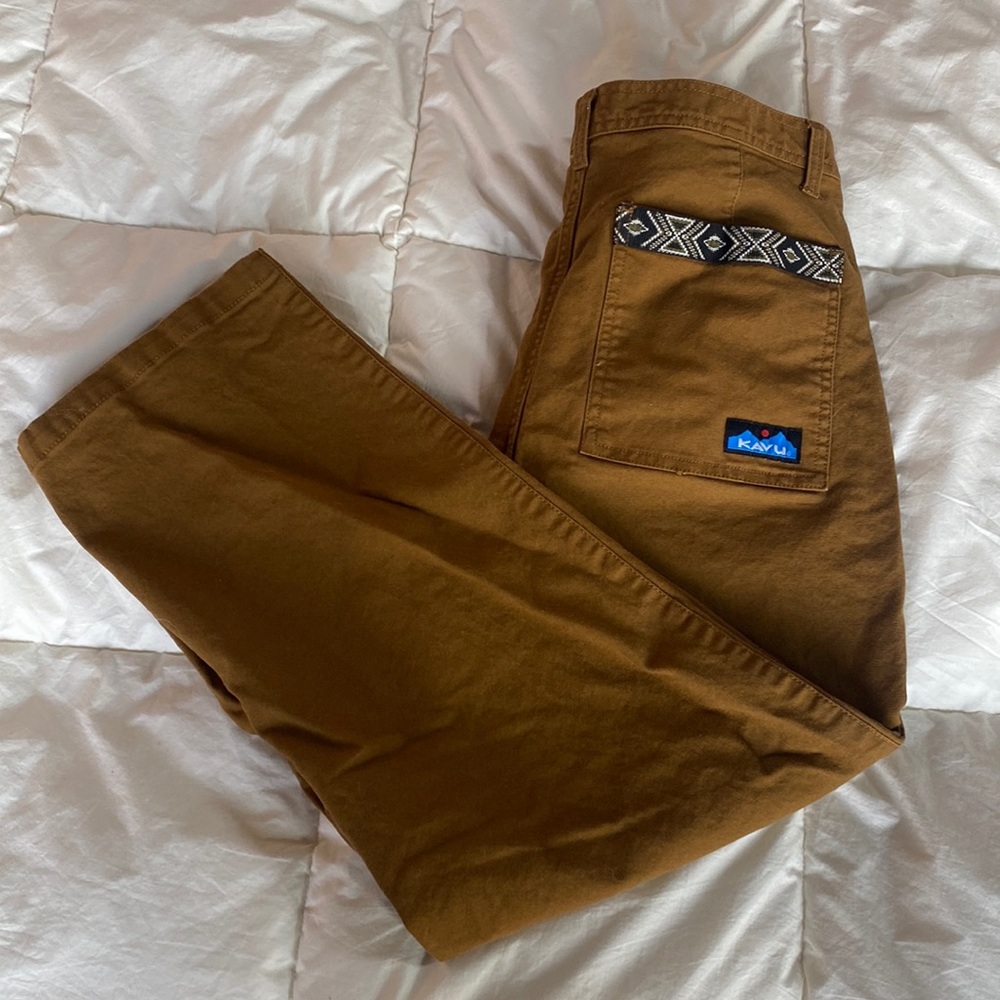 Kavu Brown Ankle Pants with Patterned Pocket Trim